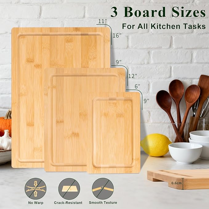 Tafopue Bamboo Cutting Board Set of 3 with Stand, Wooden Chopping Boards for Kitchen, Reversible Butcher Block with Juice Groove & Handle, Charcuterie Boards for Meat, Vegetables, Fruit, Cheese
