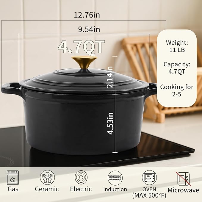 Tastedeli Enamel Cast Iron Dutch Oven with Lid, Round Casserole Pot for Bread Baking, Braising, Roasting, and Stews, Heavy-Duty, Oven Safe, Induction Compatible (4.7QT,Grey)