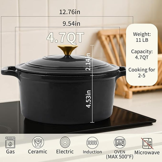 Tastedeli Enamel Cast Iron Dutch Oven with Lid, Round Casserole Pot for Bread Baking, Braising, Roasting, and Stews, Heavy-Duty, Oven Safe, Induction Compatible (4.7QT,Grey)