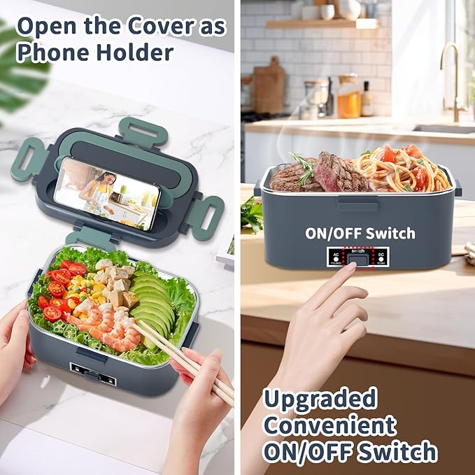 Electric Heated Lunch Box for Adults, 100W 3-IN-1 2 Pack 1.8L Containers Heating Lunch Box for Men Portable Double Layer, Fast Heated Food Warmer,12V/24V/110V for Car Truck Office Home