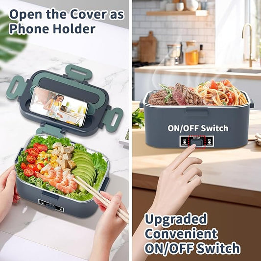 Electric Heated Lunch Box for Adults, 100W 3-IN-1 2 Pack 1.8L Containers Heating Lunch Box for Men Portable Double Layer, Fast Heated Food Warmer,12V/24V/110V for Car Truck Office Home