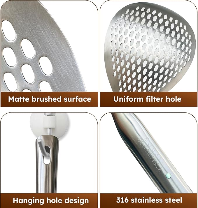 MARTE Kitchen Skimmer Slotted Spoon,[Rustproof, Integral Forming,High Grade 316 Stainless Steel] Pasta Service Strainer Scoop with Vacuum Ergonomic Handle, Good Grip Strainer Ladle for Cooking,15Inch