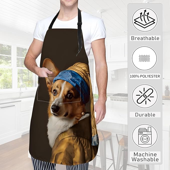 Corgi Apron Funny Classic Portrait Style with Dog in Vermeer Costume Aprons Waterproof Oxford Polyester Adjustable Pockets Design for Cooking Decor, Gifts for Adults, 28x33 Inch