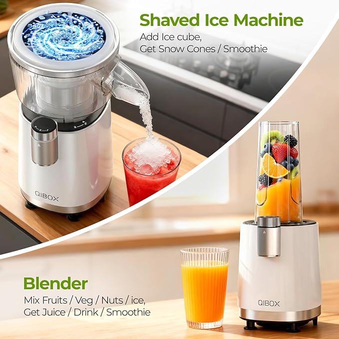 QIBOX Snow Cone Machine & Smoothie Blender 2 in 1, 700W Powerful Shaved Ice Machine Slushine Machine, Healthy Frozen Drink Maker with Stainless Steel Blade & Smoothie Recipe, for Home Kitchen Party
