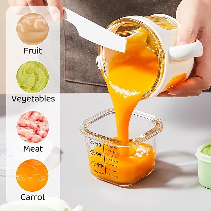 Baby blender food maker, PLODON 15-in-1 baby food processor set, suitable for vegetables, fruits and meat, compatible with stage-based recipes, separator, silicone spoon, scraper, (silver)