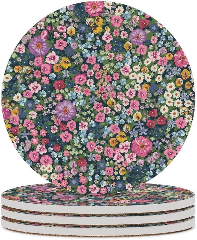 Floral Drink Coasters, Round Ceramic Drink Coaster Round-4PCS, Cartoon Abstract Wildflower Nature Plant Colorful Floral Decor Absorbent Ceramic Coasters for Beverage Cup, Bar, Coffee Table