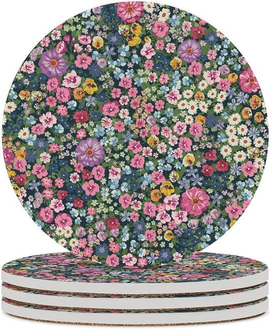 Floral Drink Coasters, Round Ceramic Drink Coaster Round-4PCS, Cartoon Abstract Wildflower Nature Plant Colorful Floral Decor Absorbent Ceramic Coasters for Beverage Cup, Bar, Coffee Table