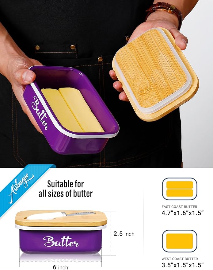 Butter Dish, Butter Dish with Lid for Countertop,Metal Butter Keeper with Stainless Steel Multipurpose Butter Knife, Large Butter Container with quality Silicone Good Kitchen Gift,Purple