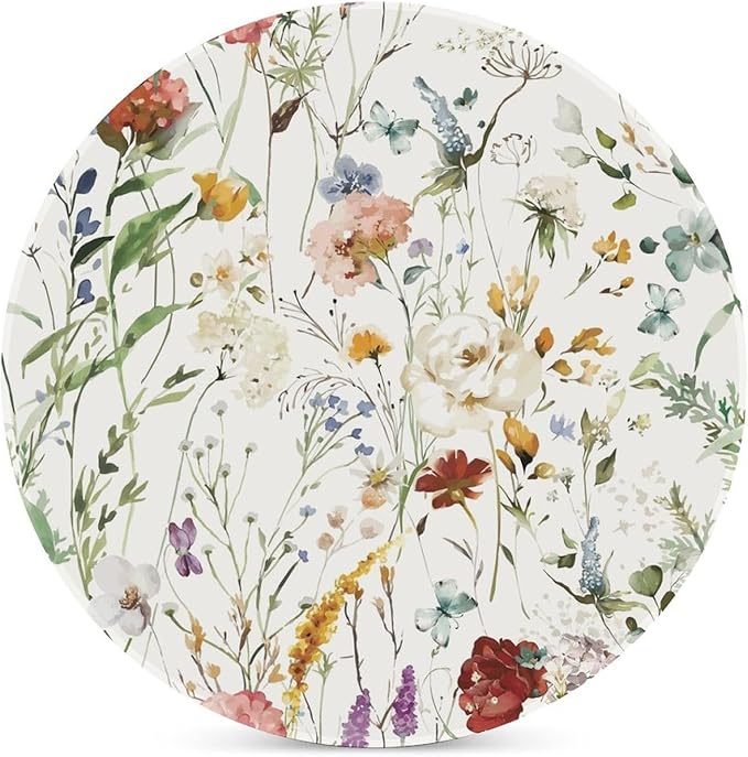 Round-4PCS Floral Drink Coasters, Round Modern Ceramic Absorbent Coasters, Watercolour Colorful Flower Herb Nature Plant Floral Decor Desk Coffee Table Coaster for Beverage Cup Tea Coasters