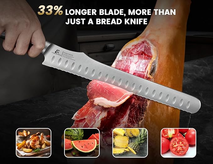Bread Knife for Homemade Bread, 10.6 Inch Multifunction Serrated Knife, Razor Sharp Slicer, High Carbon German Steel Bread Cutter, Ergonomic Handle Design for Sourdough Turkey Fruit Cutting