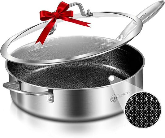 LOLYKITCH 6 QT Hybrid Tri-Ply Stainless Steel Non-Stick Sauté Pan with Lid,12 Inch Deep Frying Pan,Large Skillet,Jumbo Cooker,Induction Pan, Oven Safe and Detachable Handle.