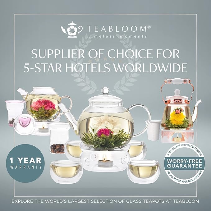 Teabloom Heritage Borosilicate Glass Teapot – 40 oz Classic Round Design with Stainless Steel Infuser – Stovetop Safe, Drip-Free Spout, Durable Heat-Resistant Tea Kettle for Loose Leaf or Teabags