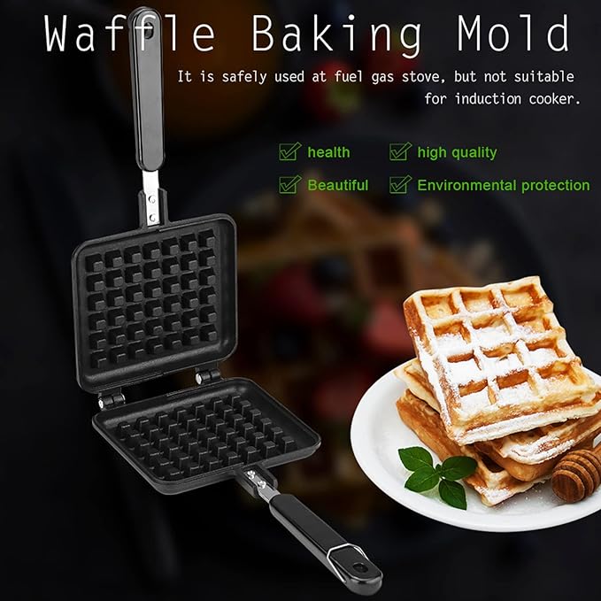Pan Waffle Maker, Cast Aluminum Stovetop Waffle Iron, Camping Waffle Maker Pan, Portable Stove Top for Family Breakfast Baking