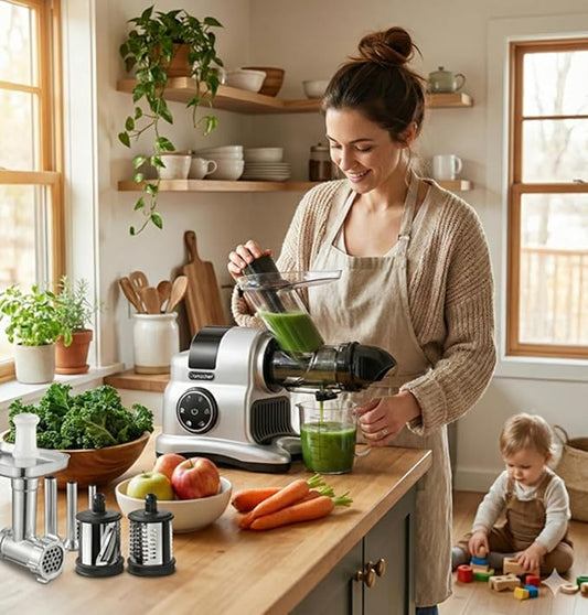 5-in-1 Masticating Slow Juicer Machine, 3" Wide Feed Chute, High Juice Yield, Easy to Clean, Includes Meat Grinder/Sausage Maker/Vegetable Slicer, Silver/Black