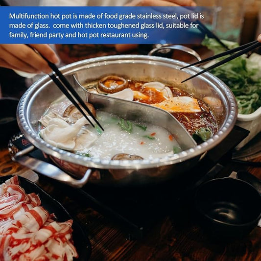 12inch Double Cooker Pot, Hot Pot Shabu, Dual Site with Divider & Lid, Insulated Handle, 12'', for Home Party Family Gathering