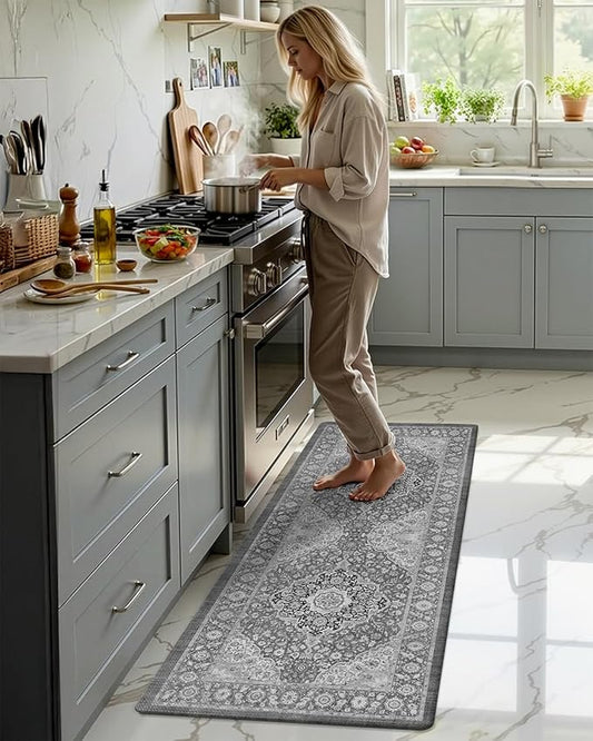 Color&Geometry Anti Fatigue Kitchen Mats for Floor 24x59, Vintage Decor, Easy Clean, Waterproof & Oil Proof, 0.4" Thick Cushioned, Non-Slip Kitchen Runner Rug for Sink, Laundry, Office, Grey