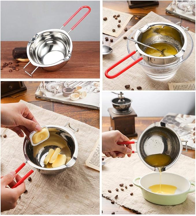 Stainless Steel Double Boiler Pot, 600ML Updated Melting Pot with Silicone Spatula for Melting Butter,Chocolate, Candy, Cheese and Caramel (Red)