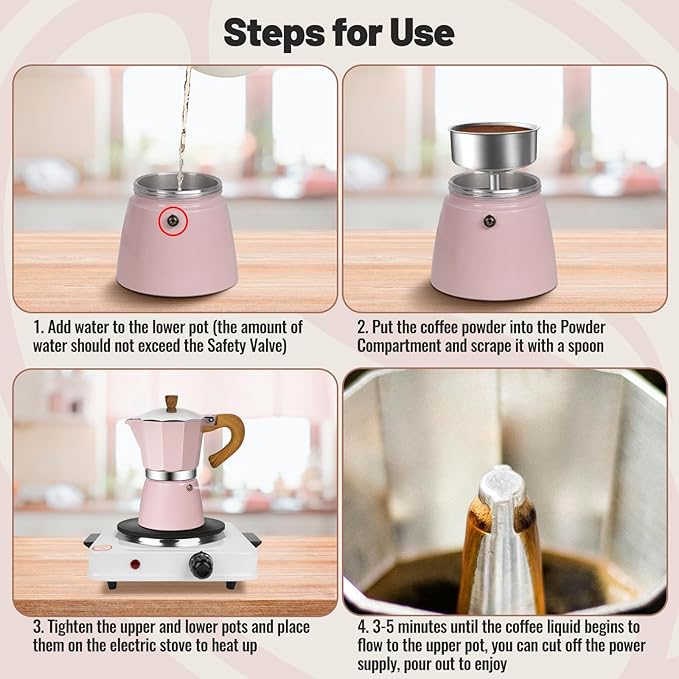 Vaolvpant 3 Cup Aluminum Moka Pot Classic Stovetop Espresso Coffee Maker 150ml 5oz Coffeemaker Percolator Mocha Pot Greca Coffee Maker Cafe Makers for Italian and Cuban Café Brewing Pink