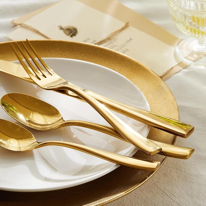 HIKAA Forged Silverware Set Stainless Steel Flatware Set,Service for 8,Matte Satin Polished Cutlery Set,Dishwasher Safe (Gold, 40PCS)