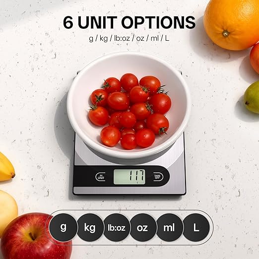 5kg/11lb Food Scale， Digital Kitchen Scale Weight Grams and Ounces for Baking Cooking Coffee Package Postage， Auto-Off Setting， LCD Display， Stainless Steel and Tempered Glass