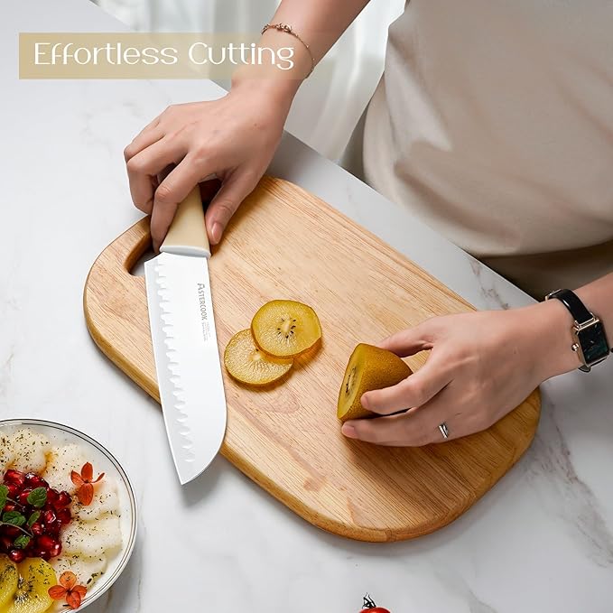 Astercook Kitchen Knife Set with Block and Sharpener 15 Piece Knives Set with Ceramic Coating German High Carbon Stainless Steel Knives Sharp Blade Dishwasher Safe Deba Knives with Ergonomic Handle