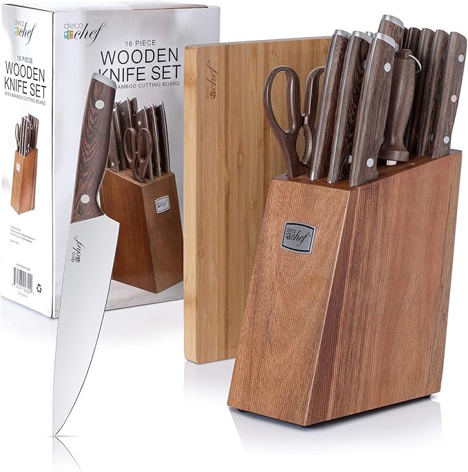 Deco Chef 16 Piece Kitchen Knife Set Stainless Steel with Wood Handles, 8" Chef, 6.5" Cleaver, 8" Bread, 8" Slicing, 4.5" Paring, 6pcs Steak Knives, Kitchen Shears, and more