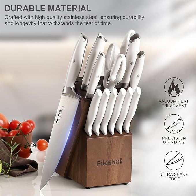 Knife Set with Sharpener, Fikshot 14-Piece Knife Set with Block, Elegant White Kitchen Knives for Ladies, Stainless Steel, Dishwasher Safe (WHITE)