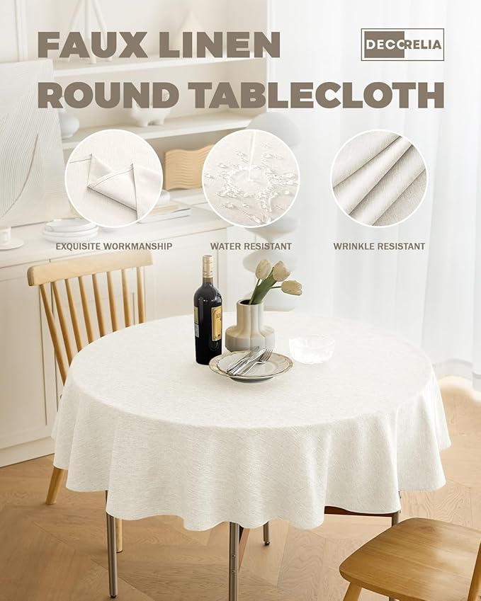 Waterproof Round Tablecloth for Round Dining Table, Decorative Rustic Soft Wipeable Table Cloths Cover Indoor Outdoor Use for Holiday,Wedding, Kitchen (70 Inch,Round (4-6 Seats),Ivory)