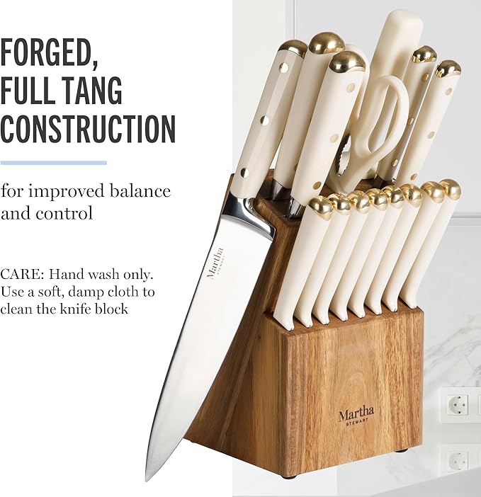 Martha Stewart 16 Piece Lockton High Carbon Stainless Steel Cutlery Kitchen Knife Block Set W/ABS Tripe Riveted Forged Handle Acacia Wood Block - Linen White W/Gold