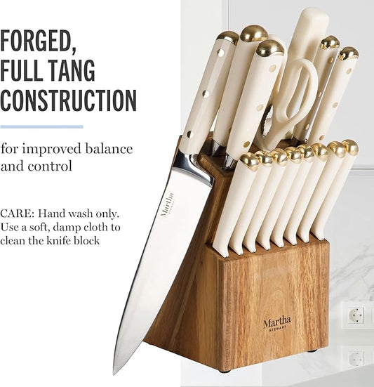 Martha Stewart 16 Piece Lockton High Carbon Stainless Steel Cutlery Kitchen Knife Block Set W/ABS Tripe Riveted Forged Handle Acacia Wood Block - Linen White W/Gold