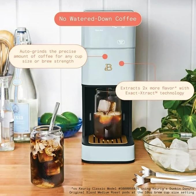 Beautiful Perfect Grind Programmable Single Serve Coffee Maker, Burr Grinder, 64 oz Reservoir, 6 Brew Sizes by Drew Barrymore (Hydrangea)