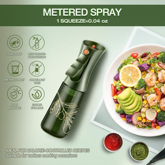 Glass Olive Oil Sprayer for Cooking, Oil Mister Continuous Cooking Spray with Portion Control for Kitchen 200ml/7oz (Green Bottle, Gold Print)