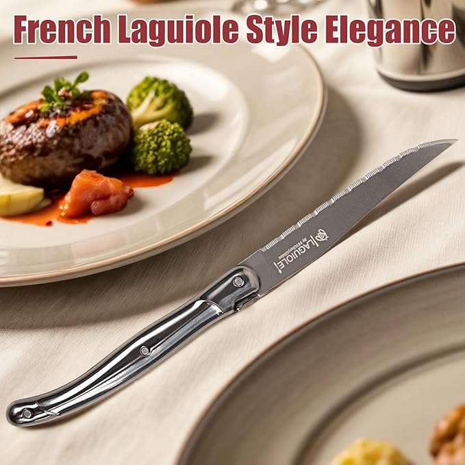 Laguiole Style Steak Knives Set of 8, Serrated Stainless Steel Steak Knife Set, Elegant French Design, Dishwasher Safe, Gift Box for Dinner & BBQ (sliver-8)