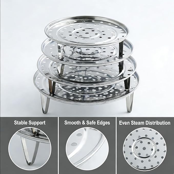 Round Stainless Steel Steamer Rack, 7.6" 8.5" 9.33" 10.23" Inch Steaming Rack, Removable Stands, for steamer, Stock Pot, Pressure Cooker, Cooking, baking bread, vegetable salad (5 Pcs)