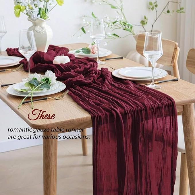4 Pcs Burgundy Christmas Cheesecloth Table Runner 10Ft, Gauze Table Runners 21.5 x 120 inch, Semi Sheer Cheese Cloth Fabric Runner Bulk for Wedding,Party,Baby Shower,Bridal Shower