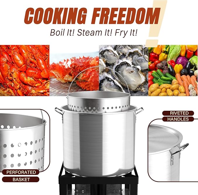 Hidpriva 50QT Crawfish Boiler Kit, Waterproof Cover & 12-inch Skimmer, 110,000BTU Propane Burner Stove, 0-20PSIG Regulator, Aluminum Seafood Boil Pot, Crab Boil Pot with Basket