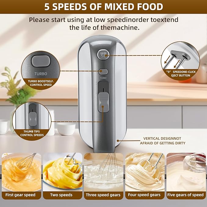 GELANGS-400W Hand Mixer with Turbo Boost - 5-Speed, One-Touch Release, Copper Motor - 3 Dishwasher-Safe Attachments - 110V Heavy Duty Mixer for Baking, Whipping & Dough