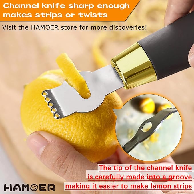 Lemon Zester Tool with Channel Knife Citrus Twist Making Tool Ergonomic Curved Handle Gold-Black
