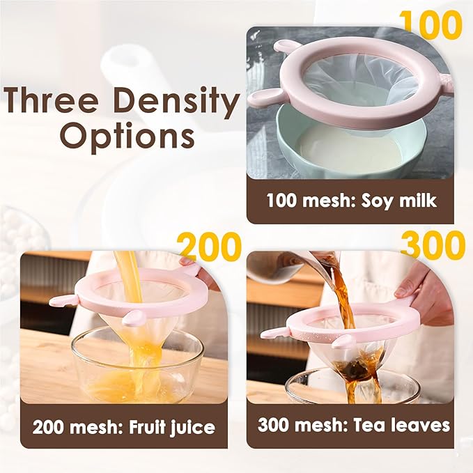 3-in-1 Fine Mesh Filter Kit with Detachable Sieve, 100/200/300 Mesh Filter with Pink Handle, Interchangeable Nylon Filter for Coffee, Tea, Nuts, Milk Juice, Fine Mesh Food Grade PP Frame（Pink）