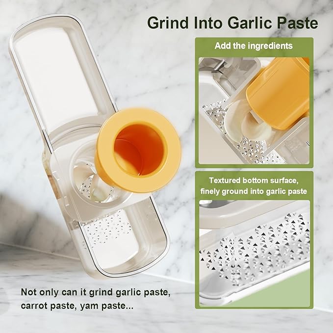 Mini Multifunctional Garlic Grinder, 3-in-1 Garlic Slicer Veggie Shredder with Container, Durable Stainless Steel Blades, Easy to Use and Clean for Kitchen (White & Green)