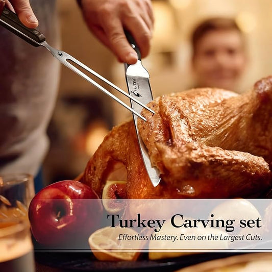 Livtek Carving Knife Set - Razor-Sharp German Stainless Steel - Ergonomic Handle & Full Tang Design - for Slicing Roast, Turkey, Ham, BBQ - 8 Inch Knife & 7 Inch Fork - Thanksgiving Gift