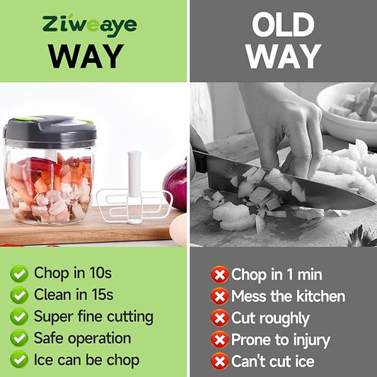 Ziweaye Manual Food Processor Vegetable Chopper, Portable Hand Pull String Garlic Mincer Onion Cutter for Veggies, Ginger, Fruits, Nuts, Herbs, etc., （900ml,Gray-green）