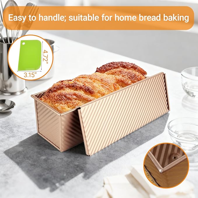 2.2 Lb Pullman Loaf Pan with Lid, 13x4 Nonstick Carbon Steel Bread Pan for Sandwich & Sourdough, Rectangular Corrugated Toast Box Mold for Oven Baking, Heavy Duty Easy Clean Bakeware (Gold)