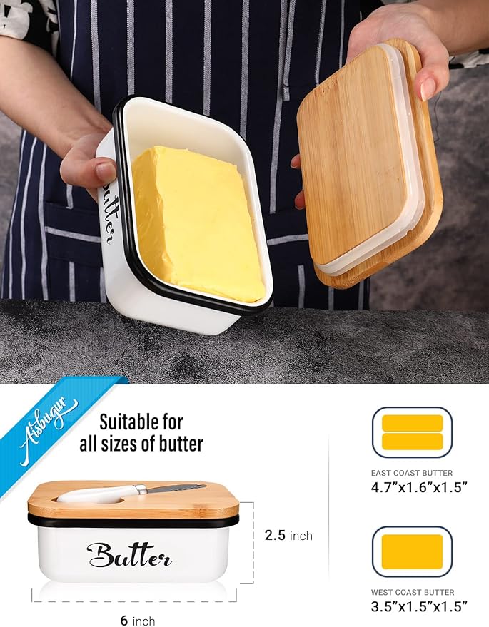 Butter Dish with Lid: Butter Dish for Countertop- AISBUGUR Metal Butter Keeper with Stainless Steel Multipurpose Butter Knife,Large Butter Container with Silicone Home Decor Kitchen Gift White