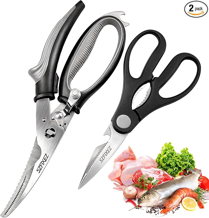 2-Piece Kitchen Scissors Set - Heavy Duty Detachable Food Grade Poultry Shears for Chicken Bones/Fish Scale & Lightweight Multi-Function Shears with Bottle Opener/Walnut Cracker/Vegetables/Meat