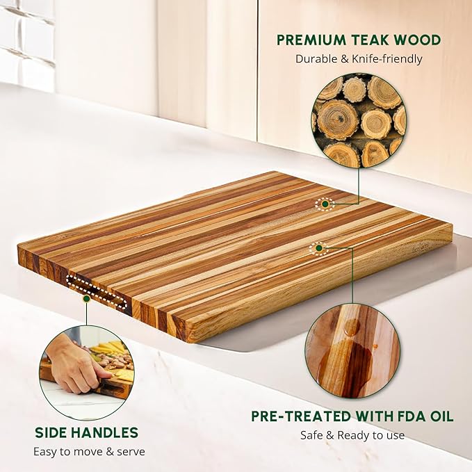 BEEFURNI Teak Wood Cutting Board with Hand Grip (S, 18x14x1"), Small Wooden Cutting Boards for Kitchen, Durable Chopping Board Wood, Butcher Block, Charcuterie Board, Christmas Gifts, 1-Year Warranty