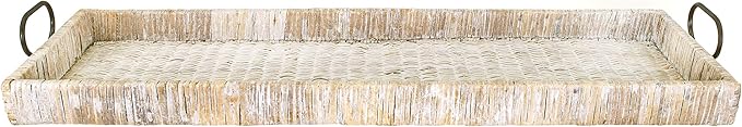 Creative Co-Op Oversize Decorative Rattan Tray with Metal Handles, Tan, Whitewashed