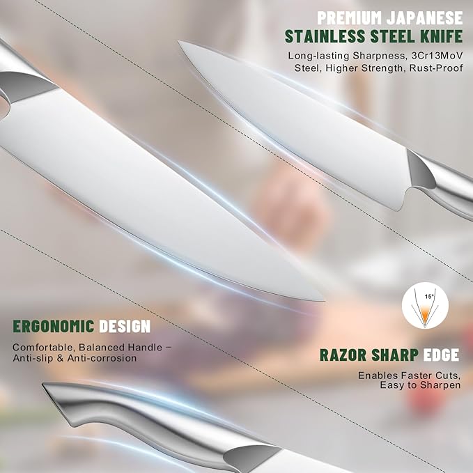 Knife Set, EWFEN 14-Piece Kitchen Knife Set with Block, German Stainless Steel Knives with Built-in Knife Sharpener, Anti-Slip Curved Handle Sharp Knives Set for Kitchen, Dishwasher Safe