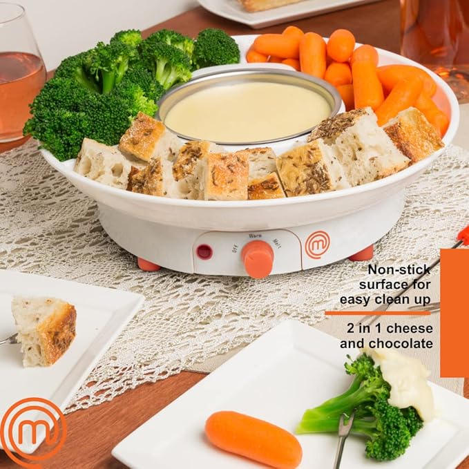 MasterChef Chocolate Fondue Maker- Valentine Must Have- Electric Dessert Fondue Pot Set w 4 Forks, Party Serving Tray- Melt Warm Settings for Caramel Cheese- Charcuterie Appetizers, Sweet Gift for Her