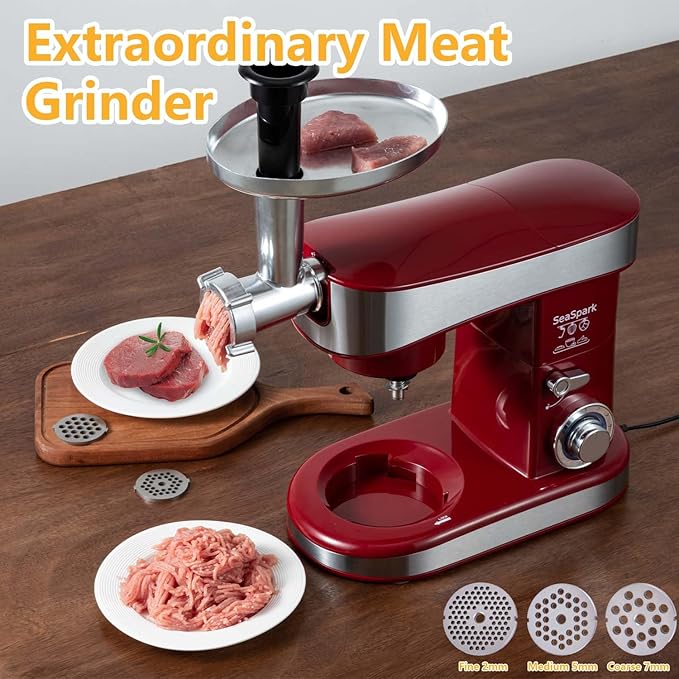 SeaSpark Multifunctional Stand Mixer, 6 in 1 Stand Mixer, 6.3Qt Tilt-head, Standing Mixer with Stainless Steel Bowl, Meat Grinder, Juice Blender, for professional Baking and Most Home Cooks, Red